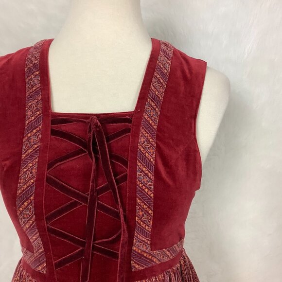 Vintage 70s Teens Fashion Elder Harajuku Tarita Red Velvet Lace Up Drindle Dress - Picture 2 of 7